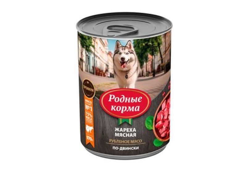 Консервированный корм для щенков "жареха мясная по-двински", банка 970 гр